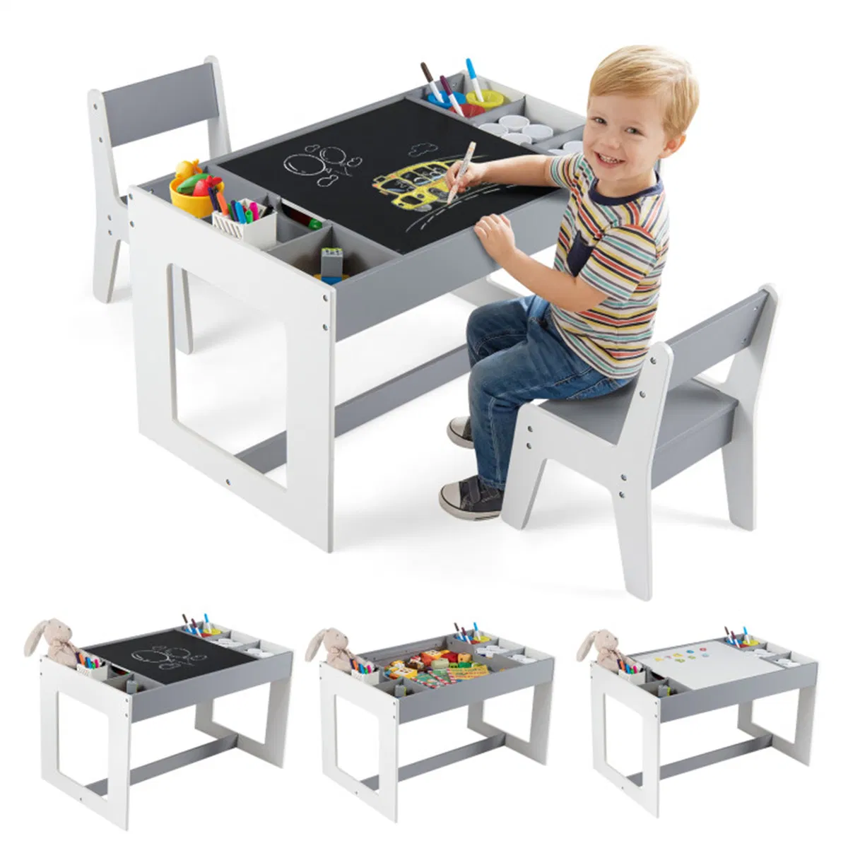 3-in-1 Kids Table & 2 Chairs Set, Double-Sided Chalkboard Whiteboard Activity Table for Toddlers-Gray