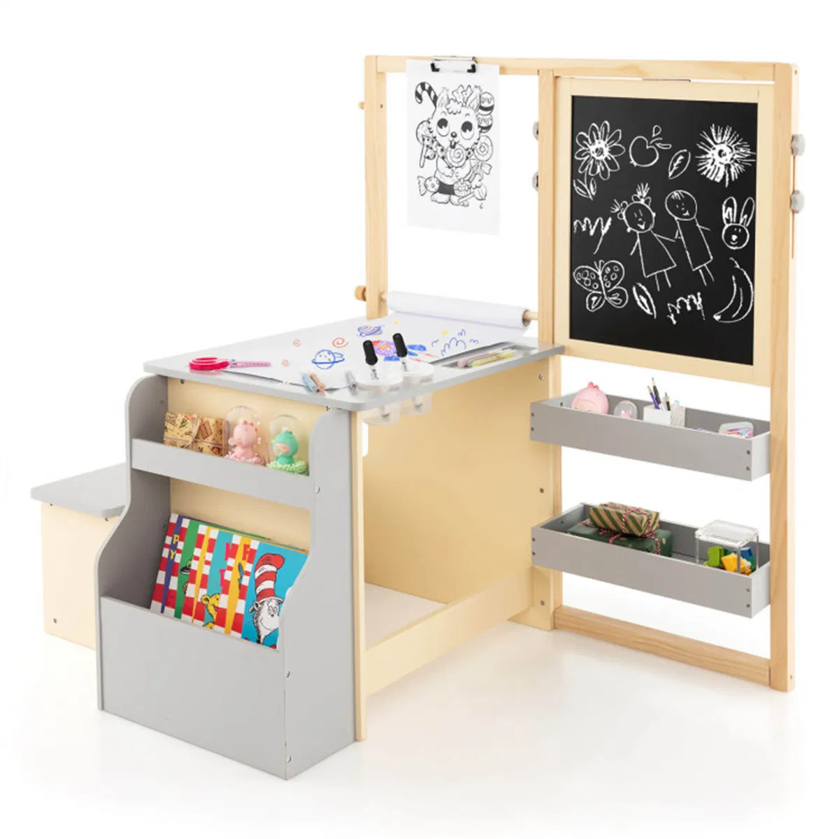 Kids Multifunctional Art Center with Double-Sided Easel, Wooden Art Table Bench Set for 3+ Years, Gray