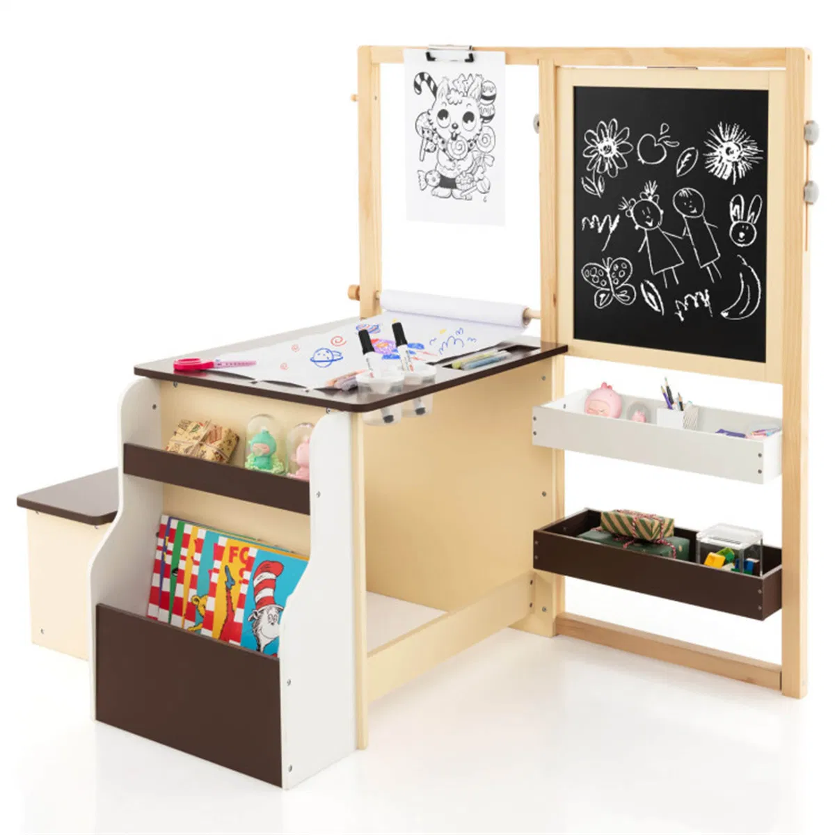 Kids Multifunctional Art Center with Double-Sided Easel, Wooden Art Table Bench Set for 3+ Years, Brown