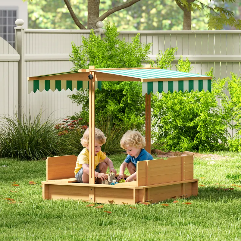 Wooden Kids Sandbox with Cover, Children Outdoor Sand Box with Foldable Bench Seats and Adjustable Canopy