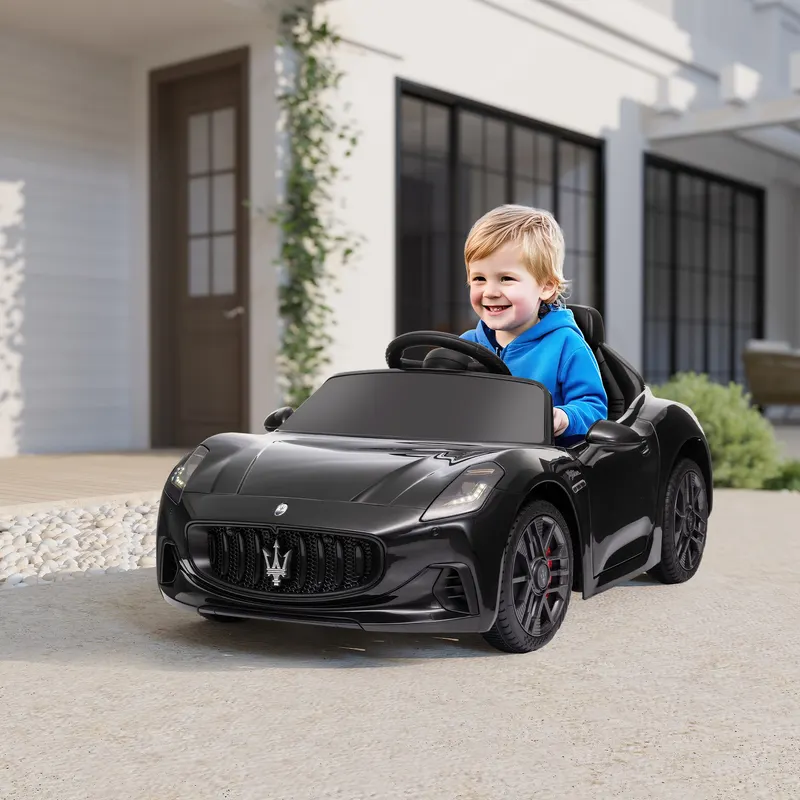 Maserati Gran Turismo Licensed 12V Kids Electric Car w/ Remote Control, Soft Start, LED Lights, Music, Horn, Black