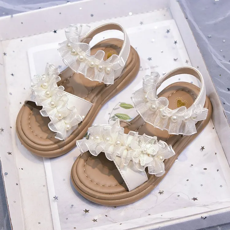 Girls' Trendy Princess Shoes, New Girls' Soft Soled Roman Shoes, Medium And Large Children's Mesh Pearl Beach Shoes