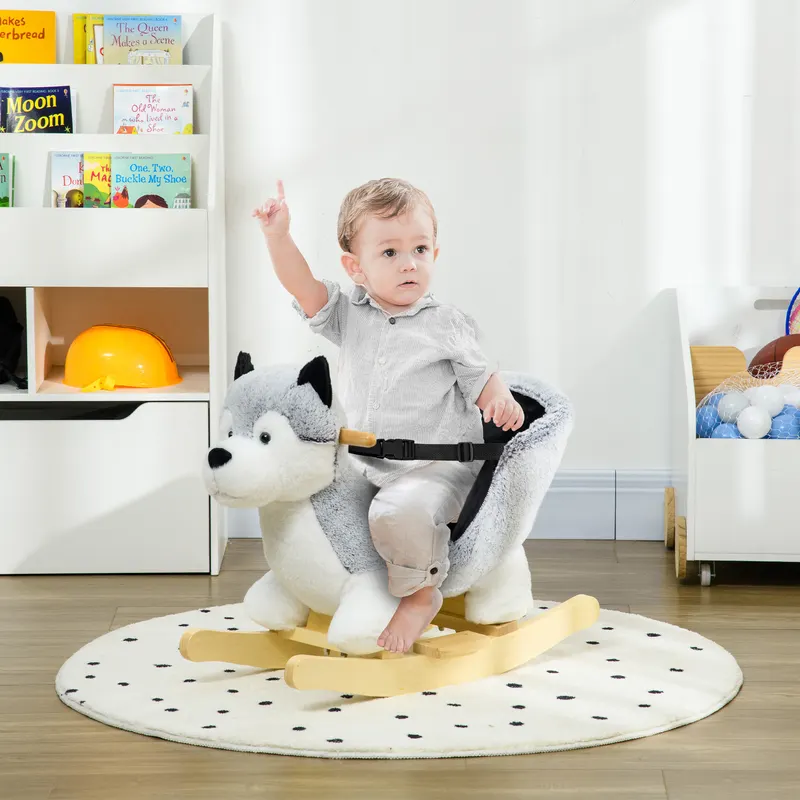 Toddler Rocking Chair Husky-Themed Rocking Animal with Wooden Base, Seat Belt for Kids 18-36 Months