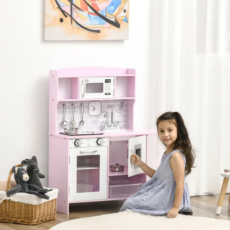 Pretend Play Kitchen with Sound Effects and Stove Lights, Kids Kitchen Playset with Storage, Water Dispenser Preschool & Kindergarten Gift for 3-6 Years Old, Pink