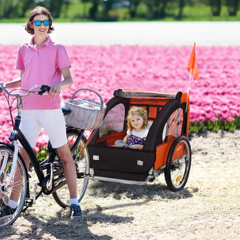 2-Seat Child Bike Trailer for Kids with a Strong Steel Frame, 5-Point Safety Harnesses, & Comfortable Seat, Orange