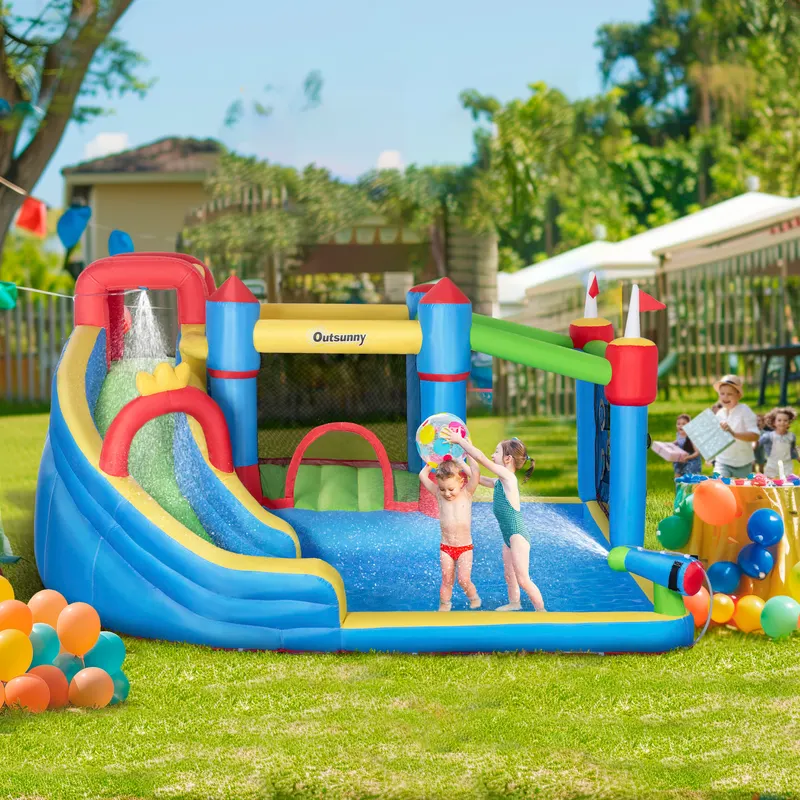 6-in-1 Inflatable Water Slide with Splash Pool, Slide, Climbing Wall, Water Cannon, Inflatable Bounce House for Kids with 2 Min. Inflation