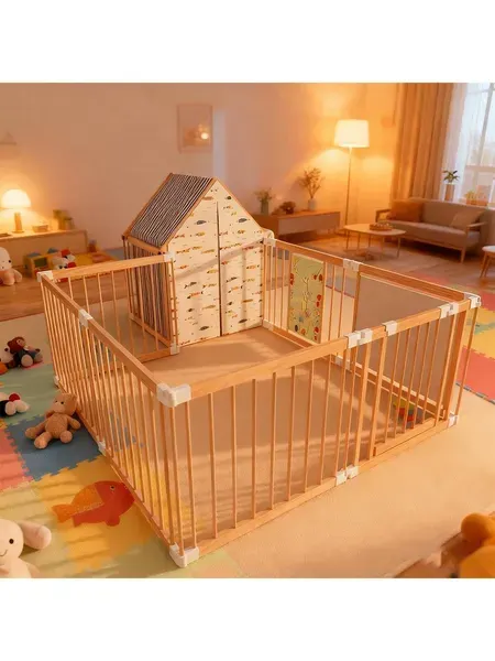 Natural Wood Baby Playpen 10 Panel Foldable Play Yard With Door Panel And Built-in Toys Easy To Assemble Foldable Assembled Into Various Shapes Includes Two Play Panels And Playhou