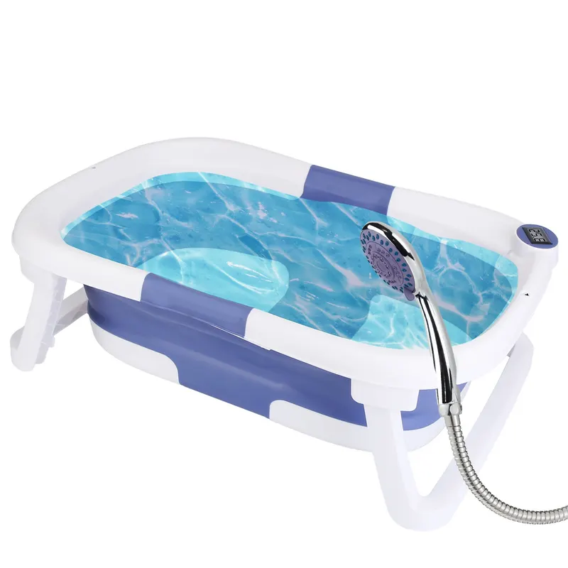 1Pc Baby Bath Tub With Thermometer Collapsible Travel Friendly 0 To 24Months Baby Bathtub With Drain Hole For Newborn Infant Toddler Odorless Toxic Free Foldable Bathtub