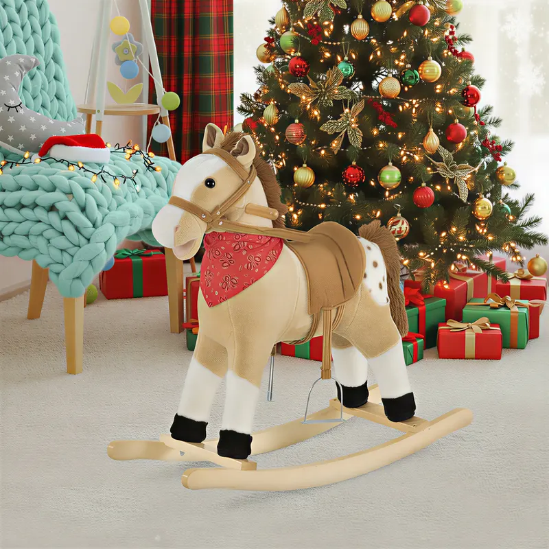 Kids Plush Ride-On Rocking Horse Toy Cowboy Rocker with Fun Realistic Sounds for Child 3-6 Years Old, Beige