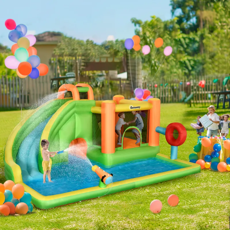 7-in-1 Inflatable Water Slide, Kids Castle Bounce House Includes Slide, trampoline, Pool, Water Cannon, Ball-target, Boxing Post, Tunnel with Carry Bag, Repair Patches, 750W Air Bl