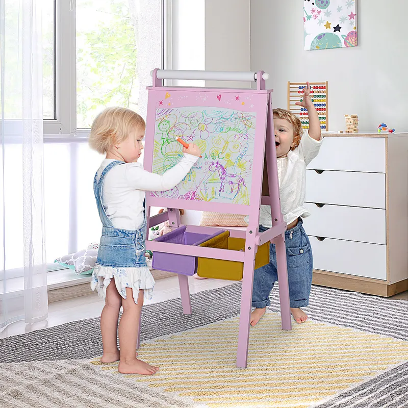 3 In 1 Kids Wooden Art Easel with Paper Roll, Double-Sided, Chalkboard & Whiteboard, Storage Baskets, Pink