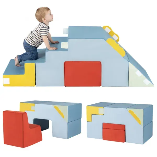 3 In 1 Toddler Soft Foam Climber With Slide, Convertible Velvet Play Set With Table & Chair, Washable Climbing Blocks