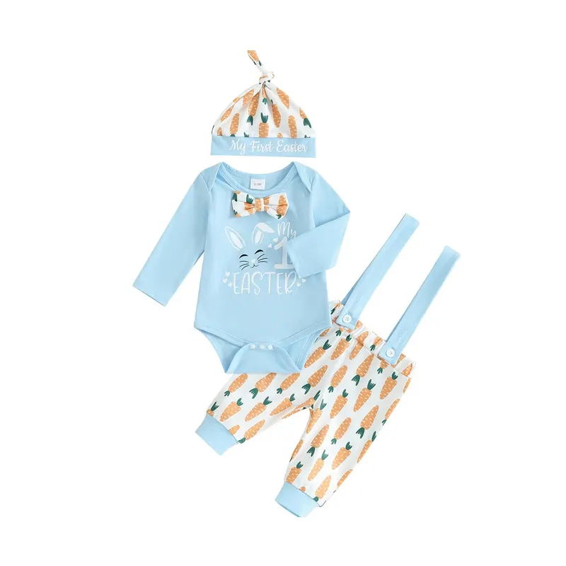 3pcs Set Baby Costume Set, Long Sleeved Letter Rabbit Print Jumpsuit, Carrot Print Suspender Pants, Hat Set